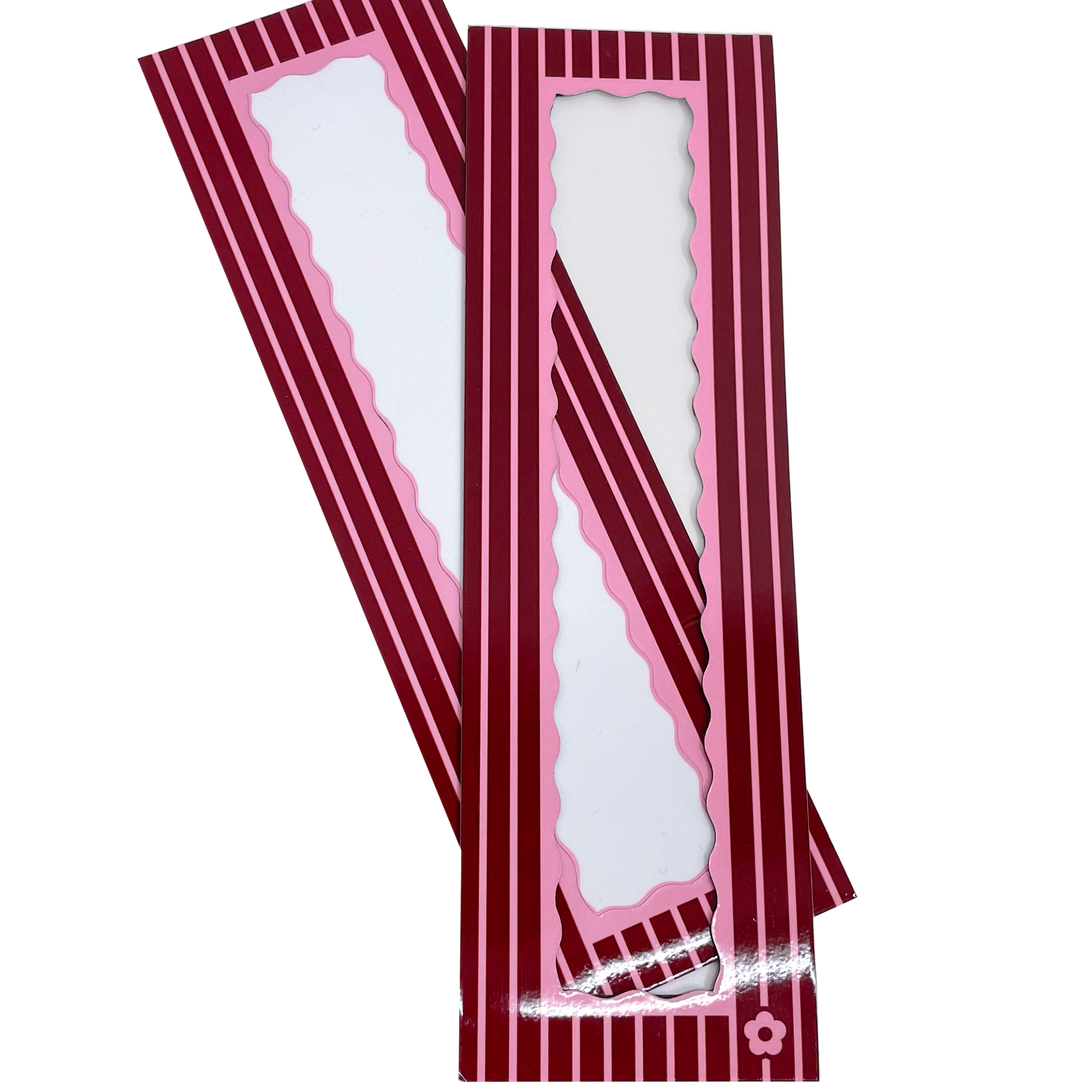 Two red and white striped magnets with a white label on a white background