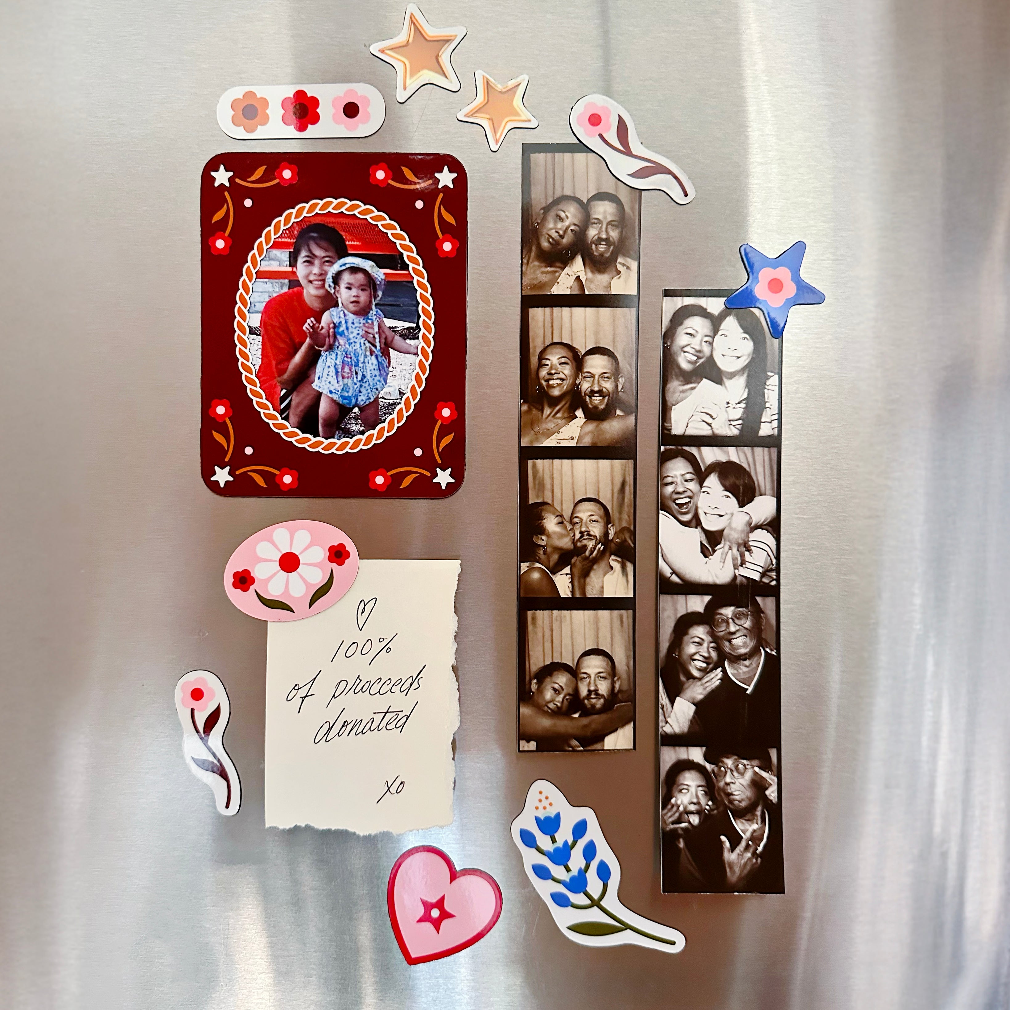 Decorative collage with family photos and decorative elements on a textured surface