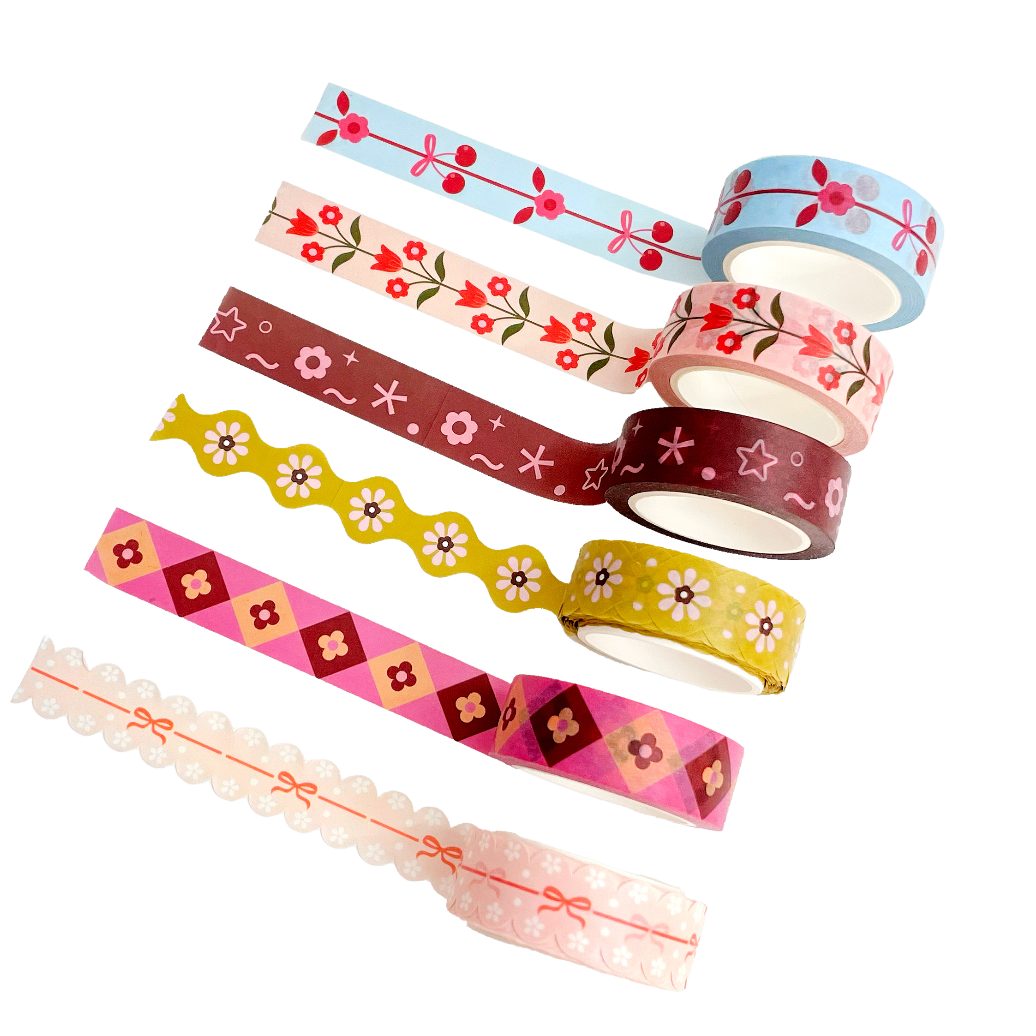Set of colorful washi tape rolls with various patterns on a white background